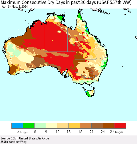 Australia Maximum Consecutive Dry Days in past 30 days (USAF 557th WW) 05/05/2024 Thematic Map For 5/1/2024 - 5/5/2024