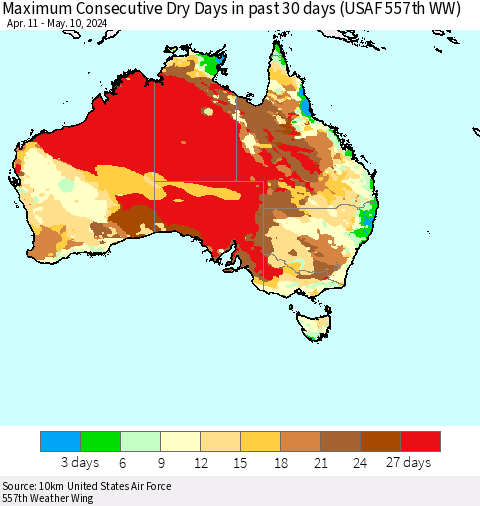 Australia Maximum Consecutive Dry Days in past 30 days (USAF 557th WW) 05/10/2024 Thematic Map For 5/6/2024 - 5/10/2024