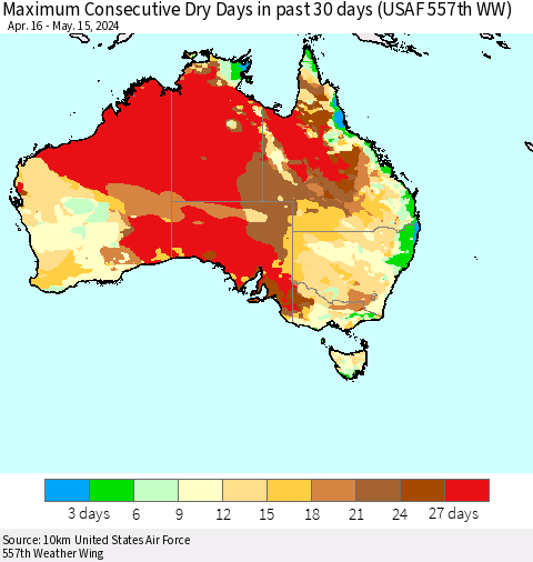 Australia Maximum Consecutive Dry Days in past 30 days (USAF 557th WW) 05/15/2024 Thematic Map For 5/11/2024 - 5/15/2024