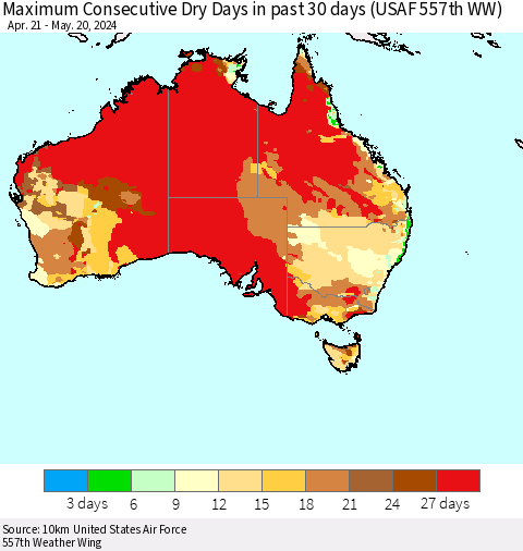 Australia Maximum Consecutive Dry Days in past 30 days (USAF 557th WW) 05/20/2024 Thematic Map For 5/16/2024 - 5/20/2024