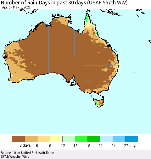 Australia Number of Rain Days in past 30 days (USAF 557th WW) 05/05/2021 Thematic Map For 5/1/2021 - 5/5/2021