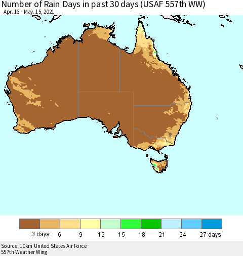 Australia Number of Rain Days in past 30 days (USAF 557th WW) 05/15/2021 Thematic Map For 5/11/2021 - 5/15/2021
