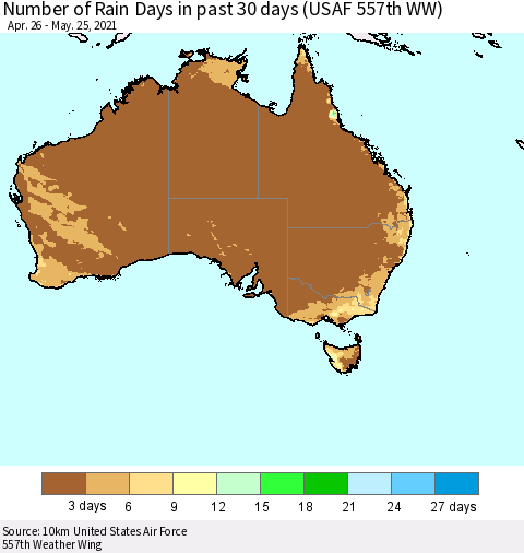 Australia Number of Rain Days in past 30 days (USAF 557th WW) 05/25/2021 Thematic Map For 5/21/2021 - 5/25/2021