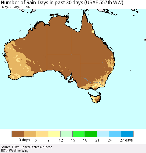 Australia Number of Rain Days in past 30 days (USAF 557th WW) 05/31/2021 Thematic Map For 5/26/2021 - 5/31/2021