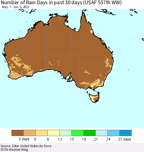 Australia Number of Rain Days in past 30 days (USAF 557th WW) 06/05/2021 Thematic Map For 6/1/2021 - 6/5/2021