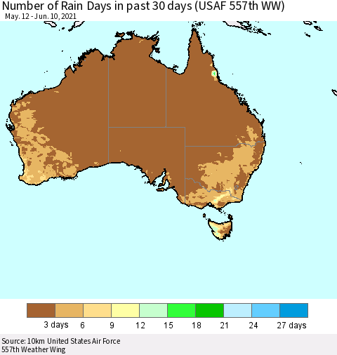 Australia Number of Rain Days in past 30 days (USAF 557th WW) 06/10/2021 Thematic Map For 6/6/2021 - 6/10/2021