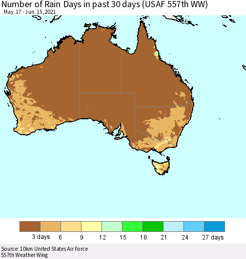 Australia Number of Rain Days in past 30 days (USAF 557th WW) 06/15/2021 Thematic Map For 6/11/2021 - 6/15/2021