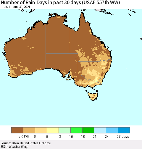 Australia Number of Rain Days in past 30 days (USAF 557th WW) 06/30/2021 Thematic Map For 6/26/2021 - 6/30/2021