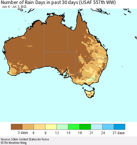 Australia Number of Rain Days in past 30 days (USAF 557th WW) 07/05/2021 Thematic Map For 7/1/2021 - 7/5/2021
