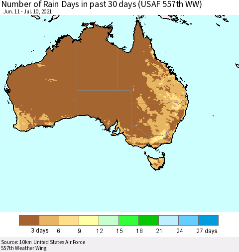 Australia Number of Rain Days in past 30 days (USAF 557th WW) 07/10/2021 Thematic Map For 7/6/2021 - 7/10/2021