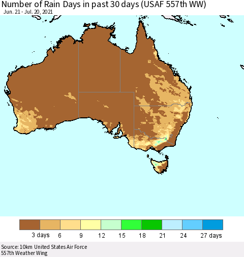 Australia Number of Rain Days in past 30 days (USAF 557th WW) 07/20/2021 Thematic Map For 7/16/2021 - 7/20/2021