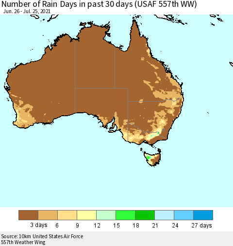 Australia Number of Rain Days in past 30 days (USAF 557th WW) 07/25/2021 Thematic Map For 7/21/2021 - 7/25/2021