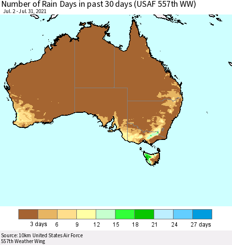Australia Number of Rain Days in past 30 days (USAF 557th WW) 07/31/2021 Thematic Map For 7/26/2021 - 7/31/2021