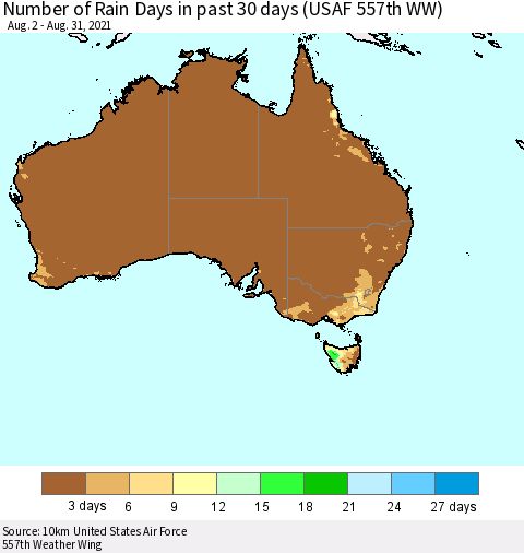 Australia Number of Rain Days in past 30 days (USAF 557th WW) 08/31/2021 Thematic Map For 8/26/2021 - 8/31/2021