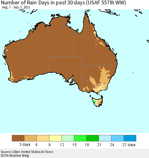 Australia Number of Rain Days in past 30 days (USAF 557th WW) 09/05/2021 Thematic Map For 9/1/2021 - 9/5/2021