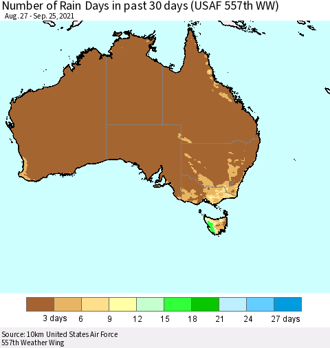 Australia Number of Rain Days in past 30 days (USAF 557th WW) 09/25/2021 Thematic Map For 9/21/2021 - 9/25/2021