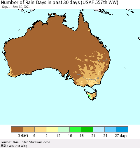 Australia Number of Rain Days in past 30 days (USAF 557th WW) 09/30/2021 Thematic Map For 9/26/2021 - 9/30/2021