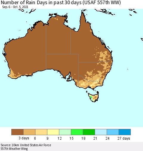 Australia Number of Rain Days in past 30 days (USAF 557th WW) 10/05/2021 Thematic Map For 10/1/2021 - 10/5/2021