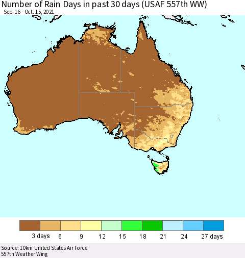 Australia Number of Rain Days in past 30 days (USAF 557th WW) 10/15/2021 Thematic Map For 10/11/2021 - 10/15/2021