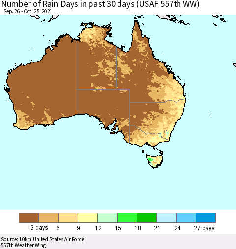 Australia Number of Rain Days in past 30 days (USAF 557th WW) 10/25/2021 Thematic Map For 10/21/2021 - 10/25/2021