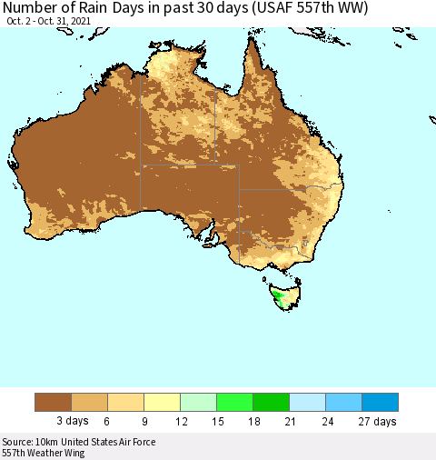 Australia Number of Rain Days in past 30 days (USAF 557th WW) 10/31/2021 Thematic Map For 10/26/2021 - 10/31/2021