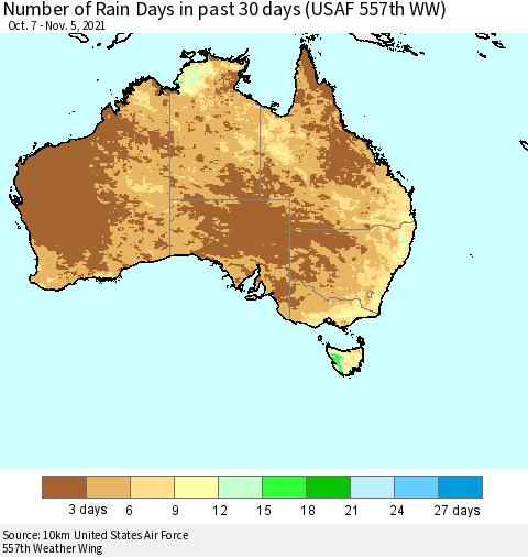 Australia Number of Rain Days in past 30 days (USAF 557th WW) 11/05/2021 Thematic Map For 11/1/2021 - 11/5/2021