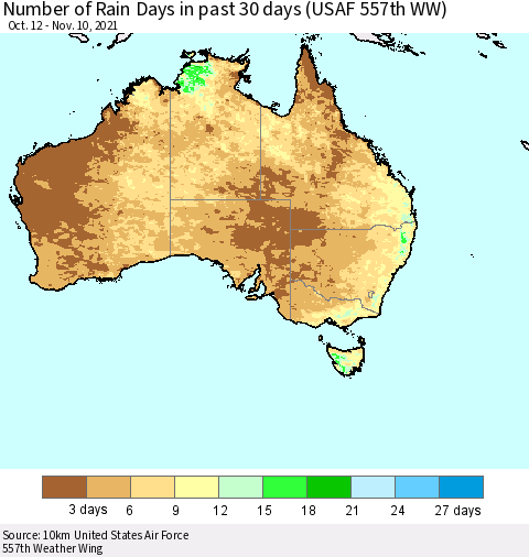 Australia Number of Rain Days in past 30 days (USAF 557th WW) 11/10/2021 Thematic Map For 11/6/2021 - 11/10/2021