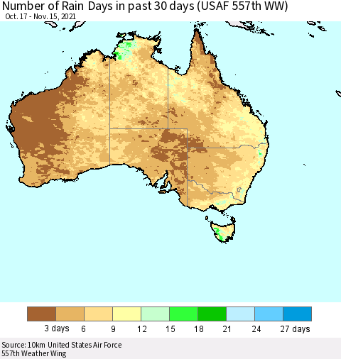 Australia Number of Rain Days in past 30 days (USAF 557th WW) 11/15/2021 Thematic Map For 11/11/2021 - 11/15/2021