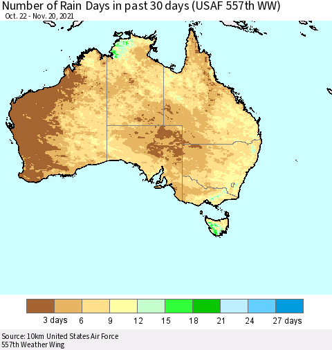 Australia Number of Rain Days in past 30 days (USAF 557th WW) 11/20/2021 Thematic Map For 11/16/2021 - 11/20/2021