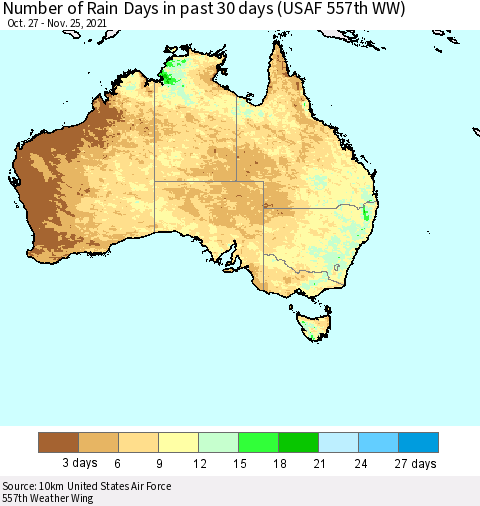 Australia Number of Rain Days in past 30 days (USAF 557th WW) 11/25/2021 Thematic Map For 11/21/2021 - 11/25/2021