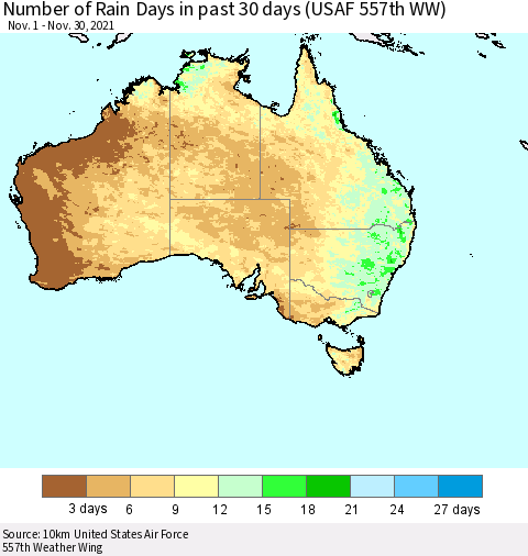 Australia Number of Rain Days in past 30 days (USAF 557th WW) 11/30/2021 Thematic Map For 11/26/2021 - 11/30/2021