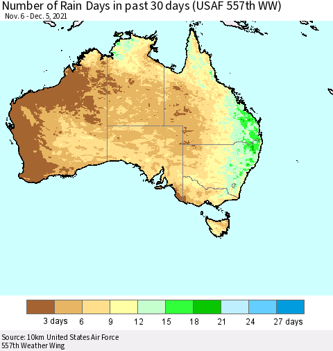 Australia Number of Rain Days in past 30 days (USAF 557th WW) 12/05/2021 Thematic Map For 12/1/2021 - 12/5/2021