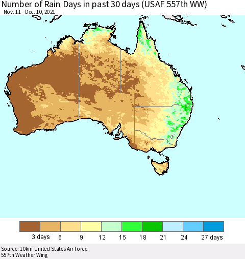 Australia Number of Rain Days in past 30 days (USAF 557th WW) 12/10/2021 Thematic Map For 12/6/2021 - 12/10/2021