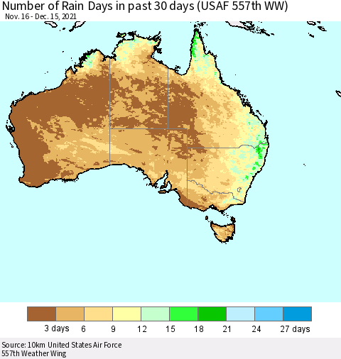 Australia Number of Rain Days in past 30 days (USAF 557th WW) 12/15/2021 Thematic Map For 12/11/2021 - 12/15/2021