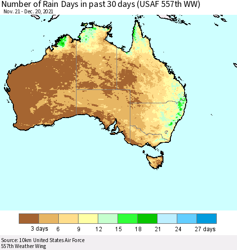 Australia Number of Rain Days in past 30 days (USAF 557th WW) 12/20/2021 Thematic Map For 12/16/2021 - 12/20/2021