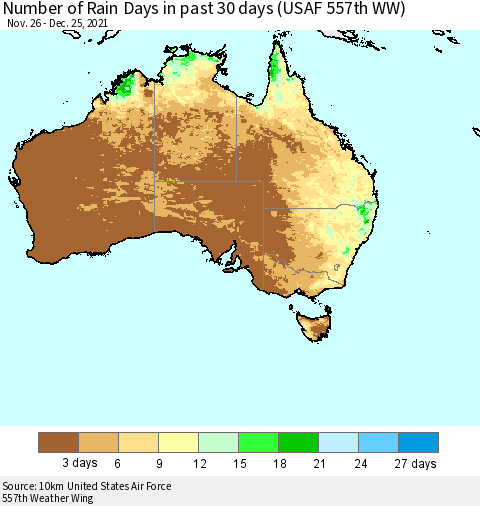 Australia Number of Rain Days in past 30 days (USAF 557th WW) 12/25/2021 Thematic Map For 12/21/2021 - 12/25/2021