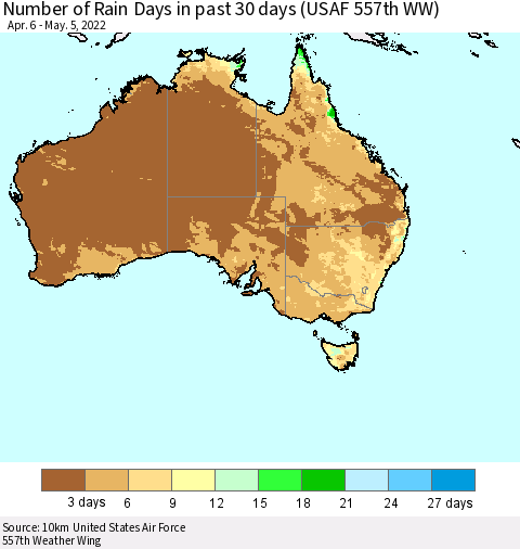 Australia Number of Rain Days in past 30 days (USAF 557th WW) 05/05/2022 Thematic Map For 5/1/2022 - 5/5/2022