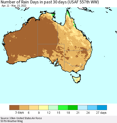 Australia Number of Rain Days in past 30 days (USAF 557th WW) 05/10/2022 Thematic Map For 5/6/2022 - 5/10/2022