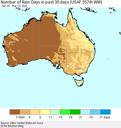 Australia Number of Rain Days in past 30 days (USAF 557th WW) 05/15/2022 Thematic Map For 5/11/2022 - 5/15/2022