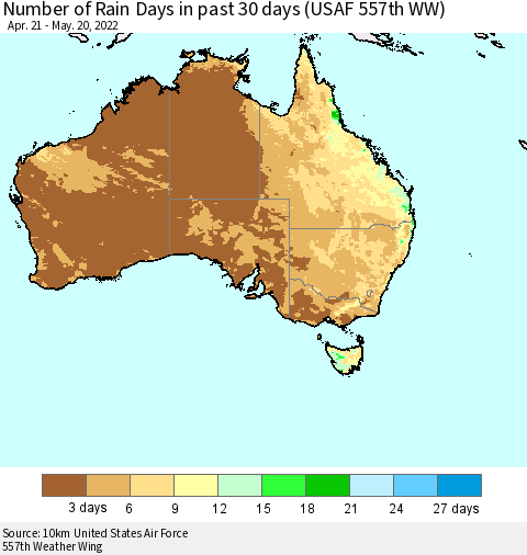 Australia Number of Rain Days in past 30 days (USAF 557th WW) 05/20/2022 Thematic Map For 5/16/2022 - 5/20/2022