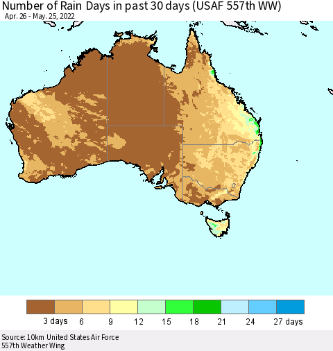 Australia Number of Rain Days in past 30 days (USAF 557th WW) 05/25/2022 Thematic Map For 5/21/2022 - 5/25/2022