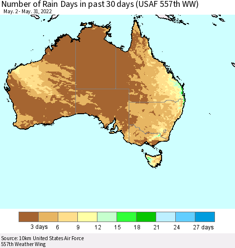 Australia Number of Rain Days in past 30 days (USAF 557th WW) 05/31/2022 Thematic Map For 5/26/2022 - 5/31/2022