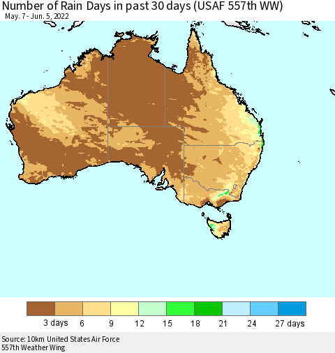 Australia Number of Rain Days in past 30 days (USAF 557th WW) 06/05/2022 Thematic Map For 6/1/2022 - 6/5/2022