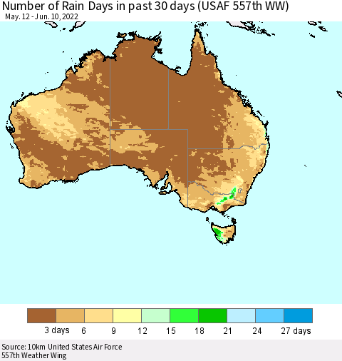 Australia Number of Rain Days in past 30 days (USAF 557th WW) 06/10/2022 Thematic Map For 6/6/2022 - 6/10/2022