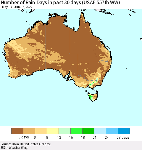Australia Number of Rain Days in past 30 days (USAF 557th WW) 06/15/2022 Thematic Map For 6/11/2022 - 6/15/2022