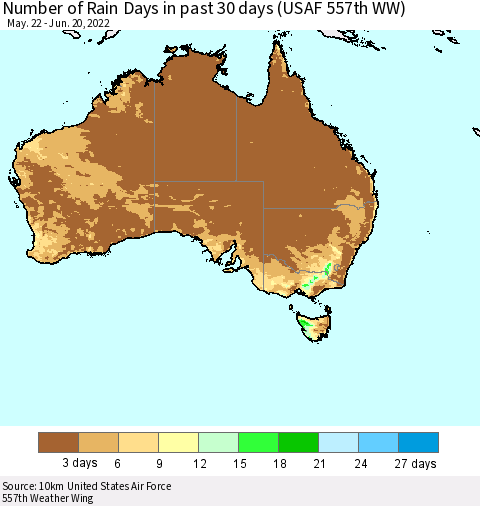 Australia Number of Rain Days in past 30 days (USAF 557th WW) 06/20/2022 Thematic Map For 6/16/2022 - 6/20/2022