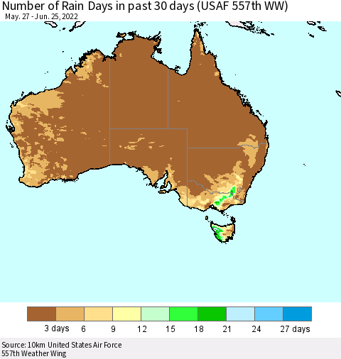 Australia Number of Rain Days in past 30 days (USAF 557th WW) 06/25/2022 Thematic Map For 6/21/2022 - 6/25/2022