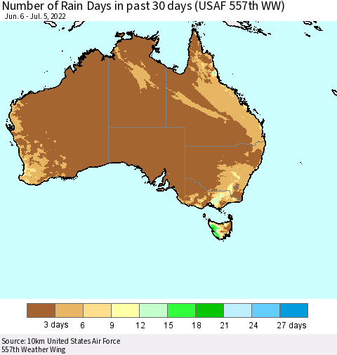 Australia Number of Rain Days in past 30 days (USAF 557th WW) 07/05/2022 Thematic Map For 7/1/2022 - 7/5/2022