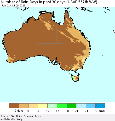 Australia Number of Rain Days in past 30 days (USAF 557th WW) 07/20/2022 Thematic Map For 7/16/2022 - 7/20/2022