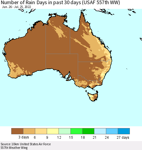 Australia Number of Rain Days in past 30 days (USAF 557th WW) 07/25/2022 Thematic Map For 7/21/2022 - 7/25/2022